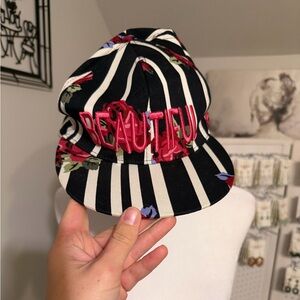 Charlotte Russe Black and White Striped Floral “BEAUTIFUL” Cap